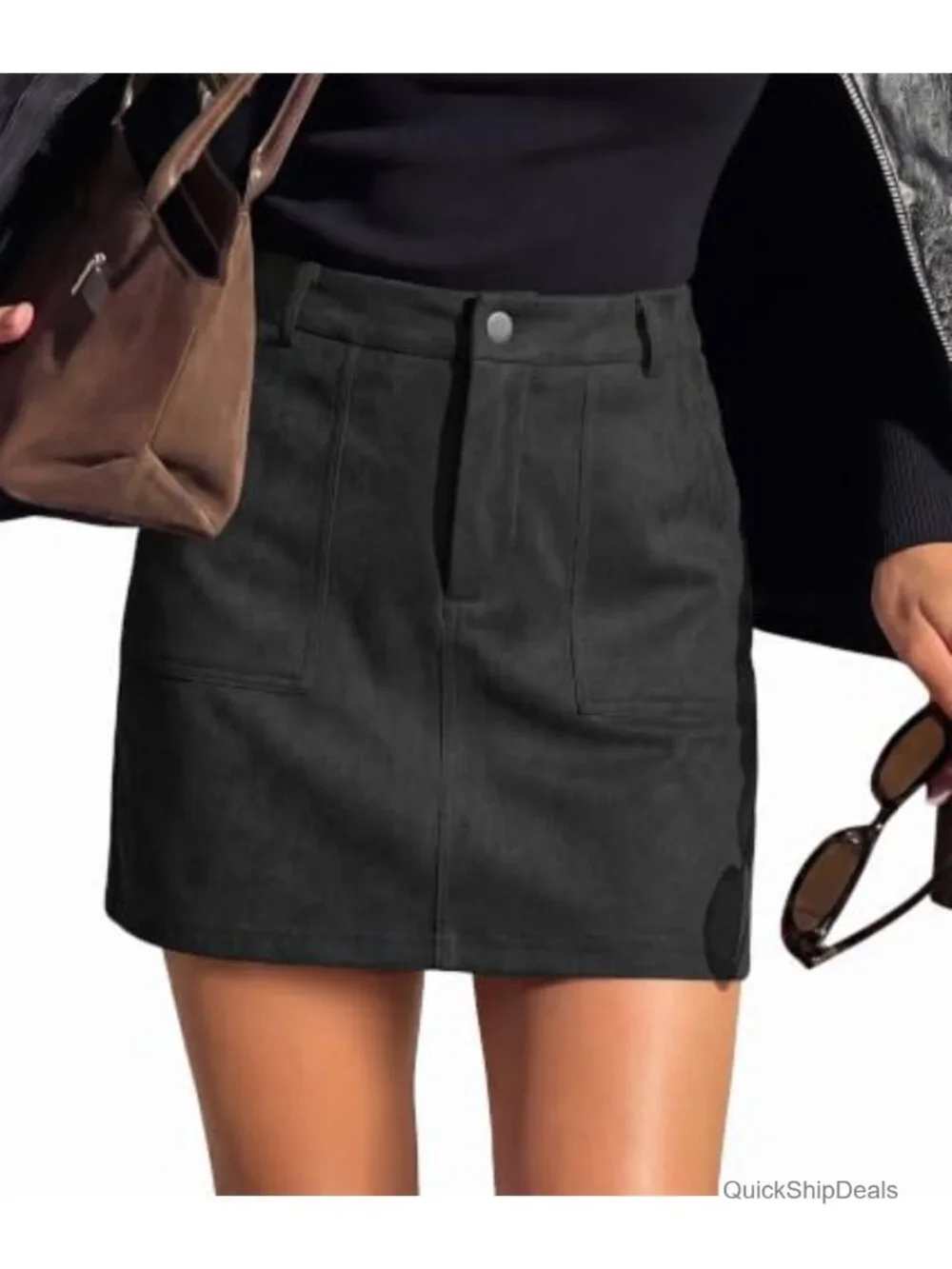 Women's Suede Pencil Mini Skirt with Built-in Shorts High Waist Pockets